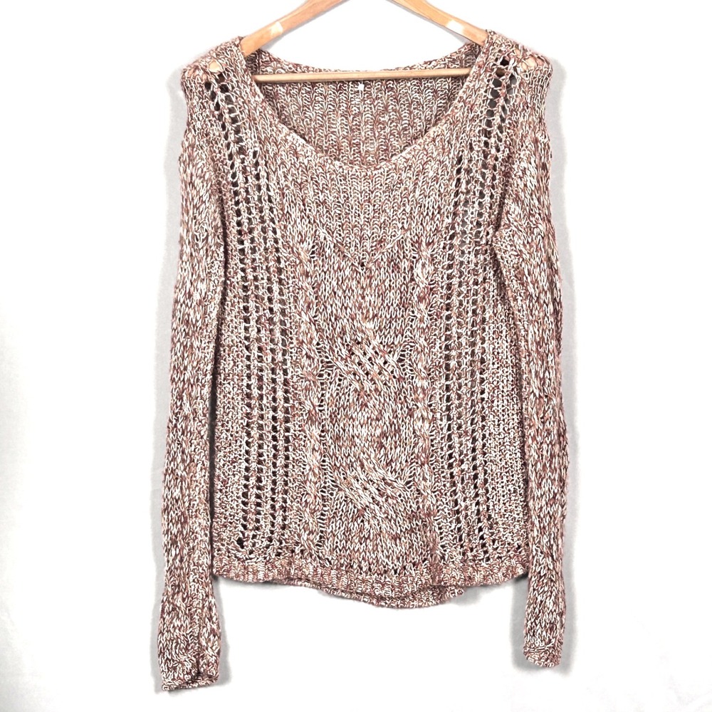 Free People Open Cable Knit Sweater Womens Small Pullover Cotton Linen Boho Pink